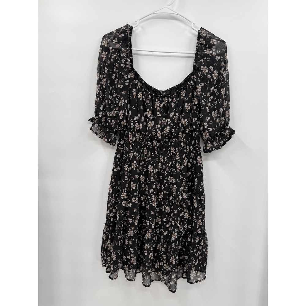 Trixxi XL Floral Tiered Mini Dress Kids Black Smocked Waist Puff Sleeve